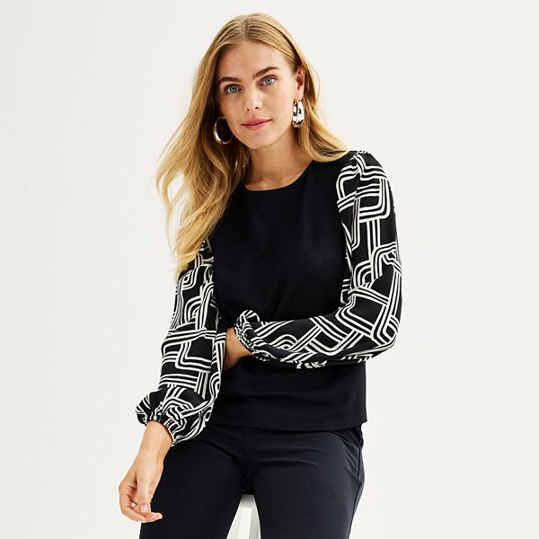 Women's Nine West Puff-Sleeve Mixed Media Top - Black (X SMALL)