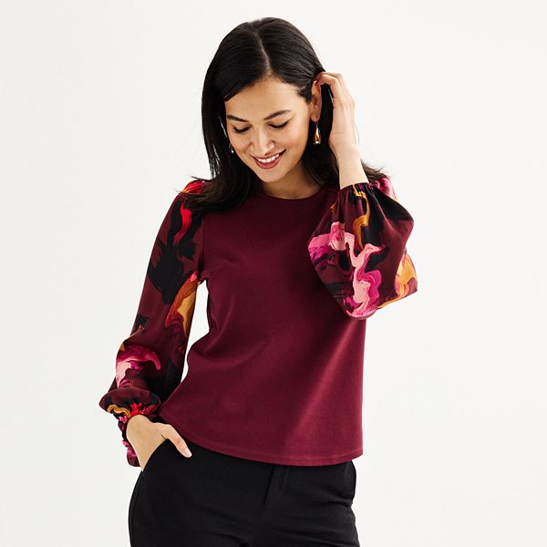 Women's Nine West Puff-Sleeve Mixed Media Top - Maddie Plum (X SMALL)