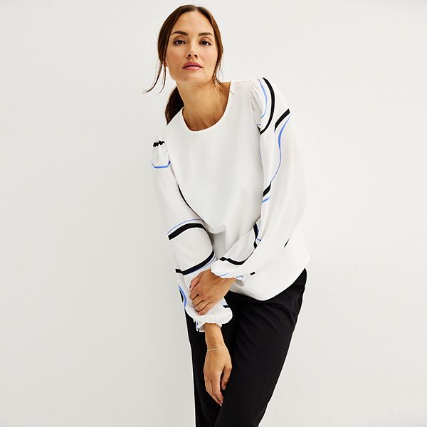 Women's Nine West Puff-Sleeve Mixed Media Top - White Knight (X SMALL)