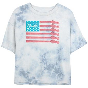 Juniors' Fender Guitar's Arms American Flag Bombard Wash Graphic Tee