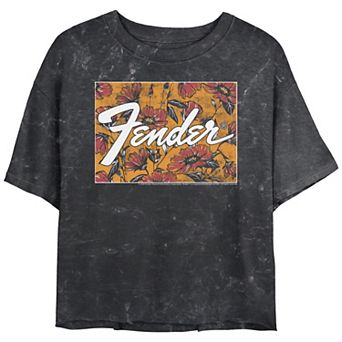 Juniors' Fender Floral Box Logo Mineral Wash Graphic Tee