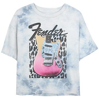 Juniors' Fender Grunge Cheetah Print Electric Guitar Bombard Wash Graphic Tee