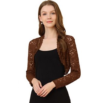 Women's Lace Bolero Shrugs Sheer Long Sleeve Open Front Crop Cardigan