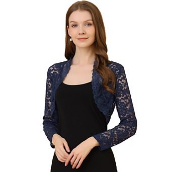Women's Lace Bolero Shrugs Sheer Long Sleeve Open Front Crop Cardigan