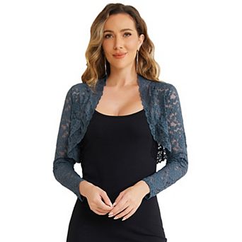 Women's Lace Bolero Shrugs Sheer Long Sleeve Open Front Crop Cardigan