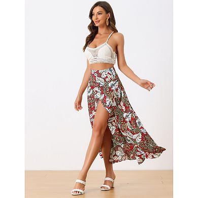 Women's Summer High Waist Asymmetrical Tropical Maxi Skirt