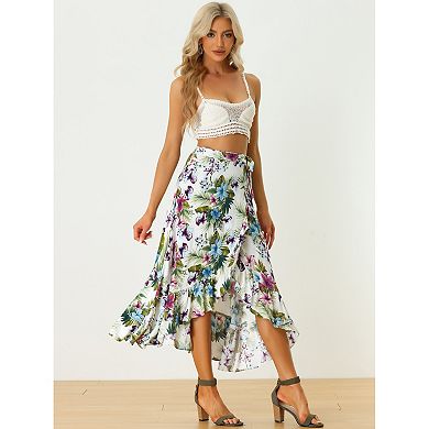 Women's Floral Print Ruffle Self Tie Knot Split Beach Wrap Midi Skirt