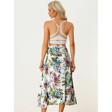 Women's Floral Print Ruffle Self Tie Knot Split Beach Wrap Midi Skirt