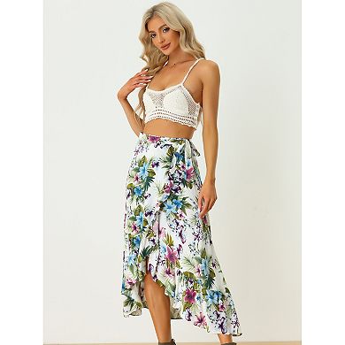 Women's Floral Print Ruffle Self Tie Knot Split Beach Wrap Midi Skirt