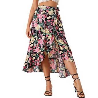 Women's Floral Print Ruffle Self Tie Knot Split Beach Wrap Midi Skirt
