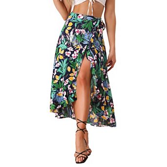 Women's Floral Print Ruffle Self Tie Knot Split Beach Wrap Midi Skirt