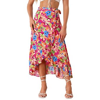 Women's Floral Print Ruffle Self Tie Knot Split Beach Wrap Midi Skirt