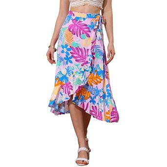 Women's Floral Print Ruffle Self Tie Knot Split Beach Wrap Midi Skirt