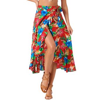 Women's Floral Print Ruffle Self Tie Knot Split Beach Wrap Midi Skirt