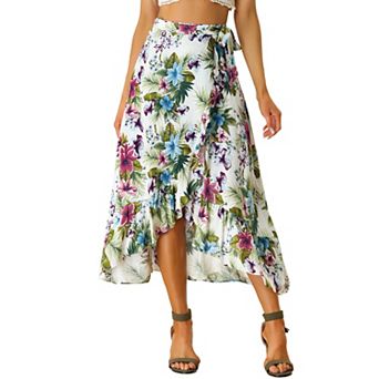 Women's Floral Print Ruffle Self Tie Knot Split Beach Wrap Midi Skirt