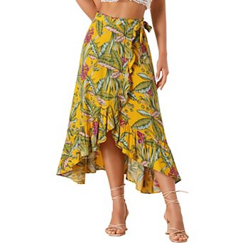 Women's Floral Print Ruffle Self Tie Knot Split Beach Wrap Midi Skirt