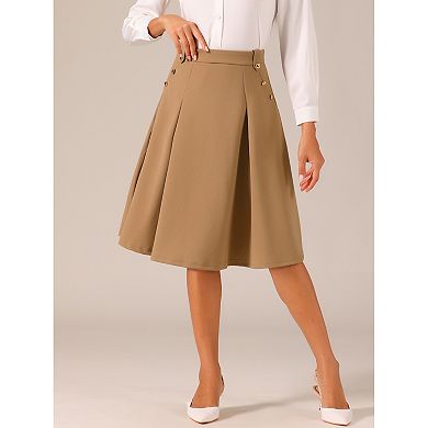 Women's Vintage High Elastic Waist Button Decor Flared Midi Skirt