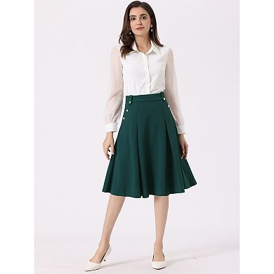 Women's Vintage High Elastic Waist Button Decor Flared Midi Skirt