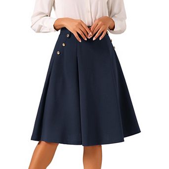 Women's Vintage High Elastic Waist Button Decor Flared Midi Skirt