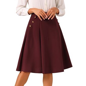 Women's Vintage High Elastic Waist Button Decor Flared Midi Skirt