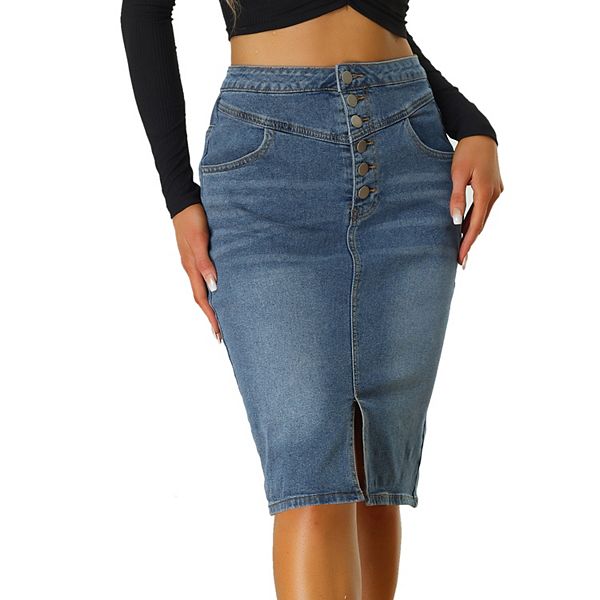 Women's Casual Jean Skirt High Waist Front Slit Stretch ALine Denim Skirts