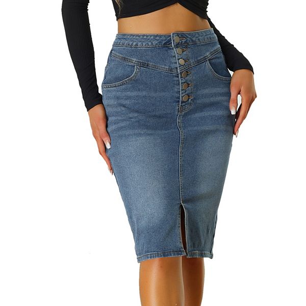 Womens Casual Jean Skirt High Waist Front Slit Stretch A Line Denim Skirts