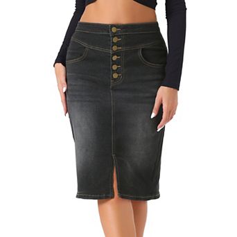 Women's Casual Jean Skirt High Waist Front Slit Stretch A-line Denim Skirts