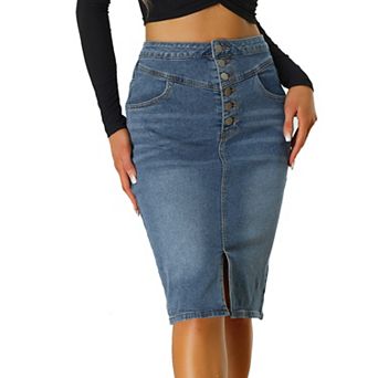Women's Casual Jean Skirt High Waist Front Slit Stretch A-line Denim Skirts