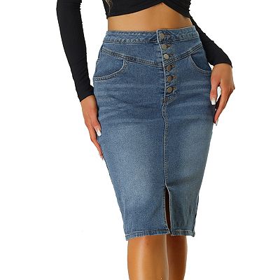 Women s Casual Jean Skirt High Waist Front Slit Stretch A line Denim Skirts