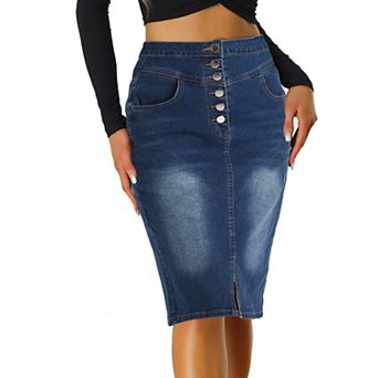 Women's Casual Jean Skirt High Waist Front Slit Stretch A-line Denim Skirts