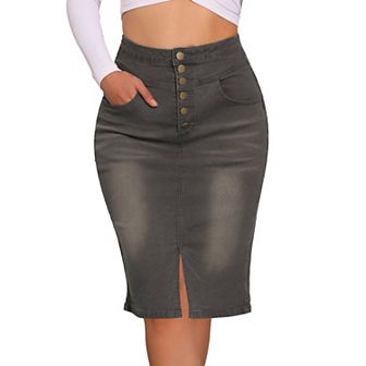 Women's Casual Jean Skirt High Waist Front Slit Stretch A-Line Denim Skirts