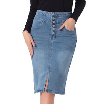 Women's Casual Jean Skirt High Waist Front Slit Stretch A-line Denim Skirts