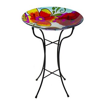 18” Multi-Colored Hand Painted Glass Floral Pattern Outdoor Patio Bird Bath