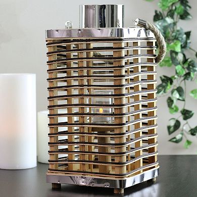 15.5" Rustic Chic Rectangular Rattan Candle Holder Lantern with Jute Handle