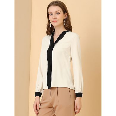 Women's Split V Neck Pleated Front Contrast Color Blouse Top