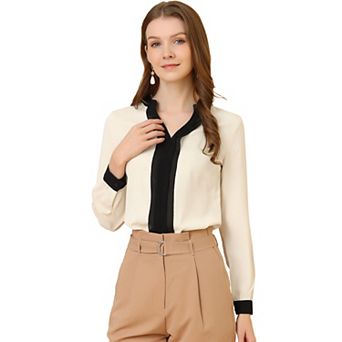 Women's Split V Neck Pleated Front Contrast Color Blouse Top
