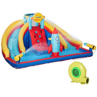 Outsunny 5-in-1 Inflatable Water Slide, Rocket Themed Kids Castle Bounce House with Slide, Pool, Water Cannon, Basket, Climbing Wall Includes Carry Bag, Repair Patches, 750W Air Blower