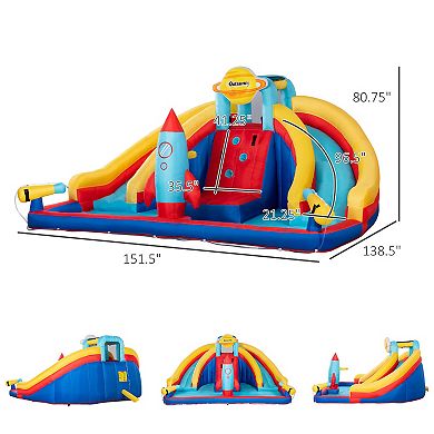 Outsunny 5-in-1 Inflatable Water Slide, Rocket Themed Kids Castle Bounce House with Slide, Pool, Water Cannon, Basket, Climbing Wall Includes Carry Bag, Repair Patches, 750W Air Blower