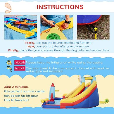 Outsunny 5-in-1 Inflatable Water Slide, Rocket Themed Kids Castle Bounce House with Slide, Pool, Water Cannon, Basket, Climbing Wall Includes Carry Bag, Repair Patches, 750W Air Blower