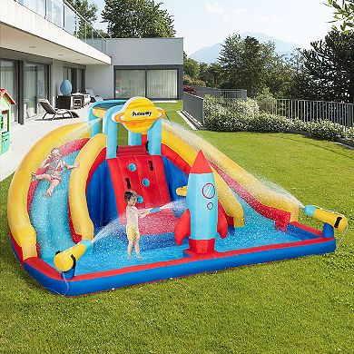 Outsunny 5-in-1 Inflatable Water Slide, Rocket Themed Kids Castle Bounce House with Slide, Pool, Water Cannon, Basket, Climbing Wall Includes Carry Bag, Repair Patches, 750W Air Blower