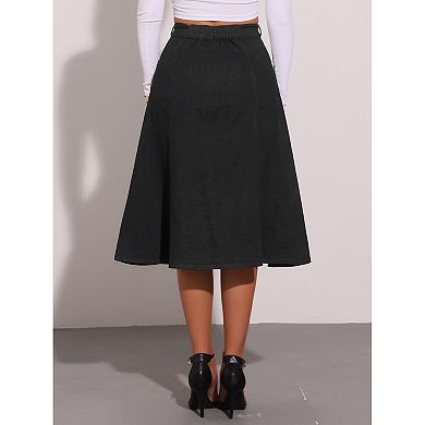 Womens' Buttons Front High Waist Stretchy A-Line Flowy Midi Skirts with Pocket