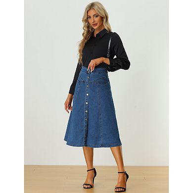 Womens' Buttons Front High Waist Stretchy  A-Line Flowy Midi Skirts with Pocket