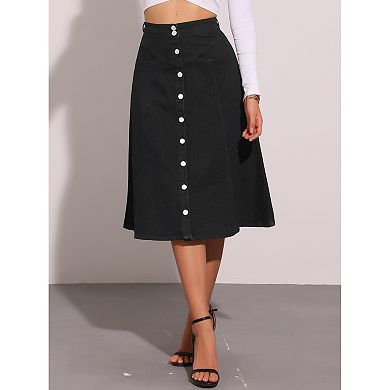 Womens' Buttons Front High Waist Stretchy A-Line Flowy Midi Skirts with Pocket