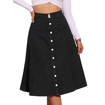 Womens' Buttons Front High Waist Stretchy A-line Flowy Midi Skirts With Pocket