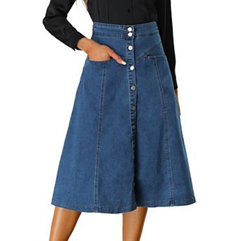 Womens' Buttons Front High Waist Stretchy A-Line Flowy Midi Skirts with Pocket