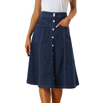 Womens' Buttons Front High Waist Stretchy A-Line Flowy Midi Skirts with Pocket