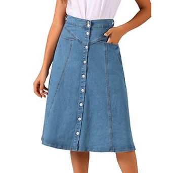 Womens' Buttons Front High Waist Stretchy A-line Flowy Midi Skirts With Pocket