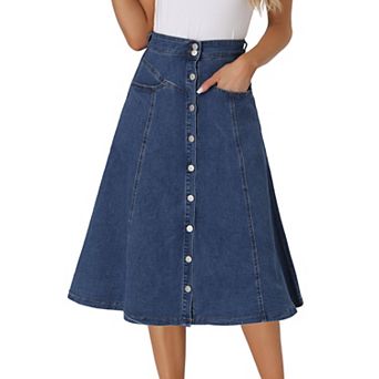 Womens' Buttons Front High Waist Stretchy A-Line Flowy Midi Skirts with Pocket