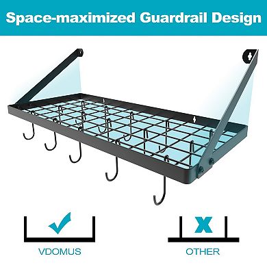 Wall Mounted Kitchen Pot Rack with Moveable Hooks and Grid