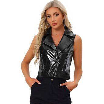 Women's Metallic Faux Leather Lapel Collar Sleeveless Zip Cropped Vest
